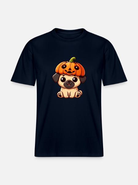 Söt, Halloween, Pumpa, Mops, Hund, Tecknad Oktober, -  Unisex ekologisk T-shirt med avslappnad passform - marinblå