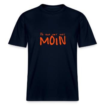Bi uns het dat MOIN -  RELAXED FIT Unisex Organic T-Shirt - Navy - Vorne - Alina (178cm) & Michal (187cm)