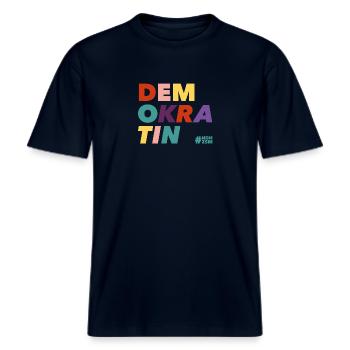 Demokratin bunt -  RELAXED FIT Unisex Organic T-Shirt - Navy - Vorne - Alina (178cm) & Michal (187cm)