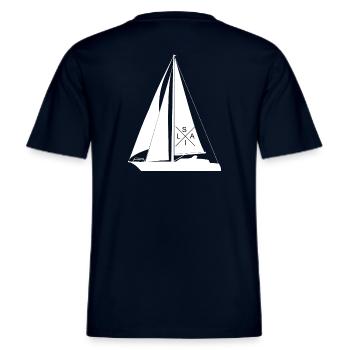 Segelboot Sail Rückenaufdruck - Kapitän Segler -  RELAXED FIT Unisex Organic T-Shirt - Navy - Hinten - Alina (178cm)