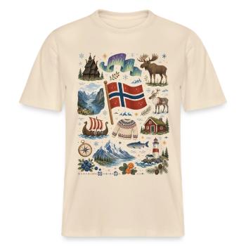 Norwegen | Fjorde, Nordlicht & Wikinger -  RELAXED FIT Unisex Organic T-Shirt - Natur - Vorne - Alina (178cm) & Michal (187cm)