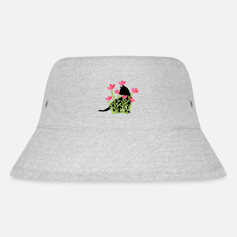 Frühlingsdesign - schwarze Katze im Blumenbeet - Stanley/Stella recycelter Bucket Hat - Grau meliert