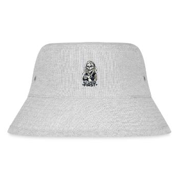 Skull Skeleton But Coffee First Coffee Saying - Stanley/Stella Recycled Bucket Hat - heather grey - Front