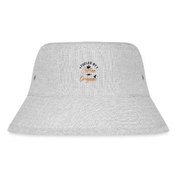 Angetrieben von Kaffee und Origami Eule Papierkranich - Stanley/Stella recycelter Bucket Hat - Grau meliert - Vorne