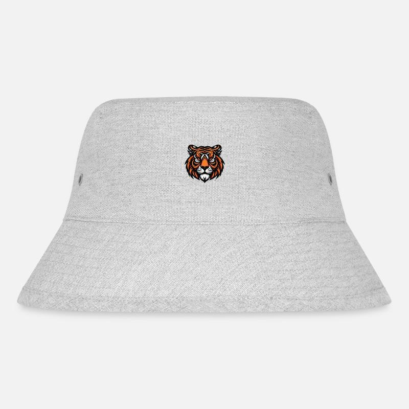 Ein grimmiges Tiger-Maskottchen entblößt seine mächtigen Reißzähne. Oder - Stanley/Stella recycelter Bucket Hat - Grau meliert
