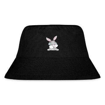 Lachender Hase mit Kopfhörern - Stanley/Stella recycelter Bucket Hat - Schwarz - Vorne