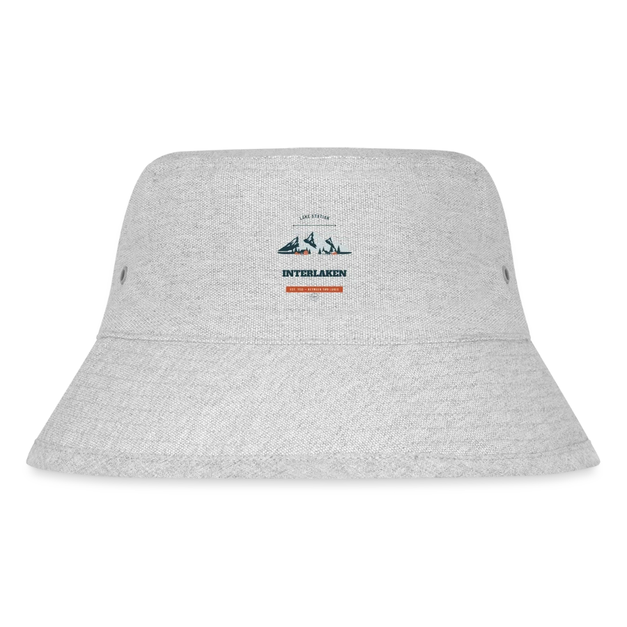 Interlaken badge on a stanley/stella recycled bucket hat, heather grey