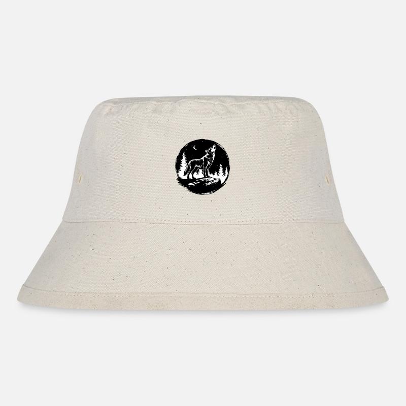 Black-and-White Stencil: Howling Wolf on a Rock - Stanley/Stella Recycled Bucket Hat - natural