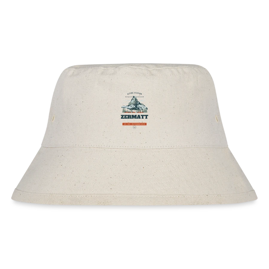Zermatt badge on a stanley/stella recycled bucket hat, natural