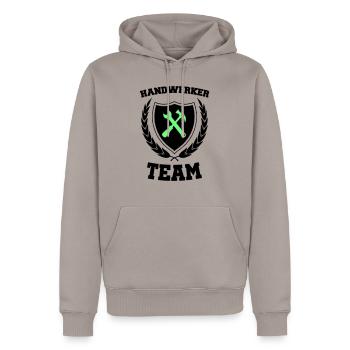 handwerker team 02 - Männer Premium Bio Hoodie - Taupe - Vorne - Nico (187cm)