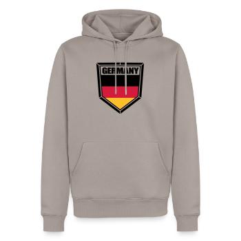 text shield coat of arms shape button 3 colors ger - Men’s Premium Organic Hoodie - taupe - Front - Nico (187cm)