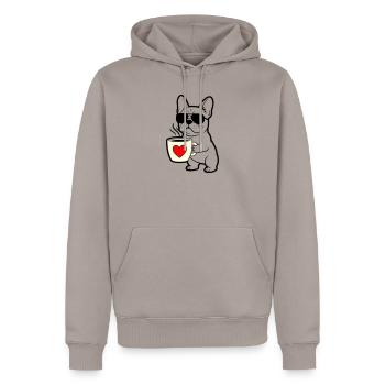 Résumé du Frenchie Dog Coffee - Sweat à capuche Premium bio Homme - taupe - Devant - Nico (187cm)