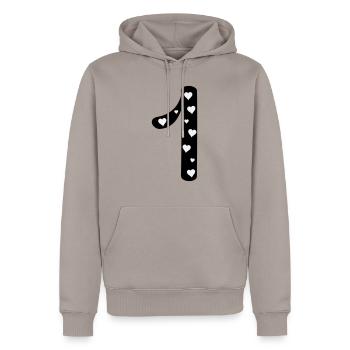 1 anniversaire avec le cœur - Sweat à capuche Premium bio Homme - taupe - Devant - Nico (187cm)