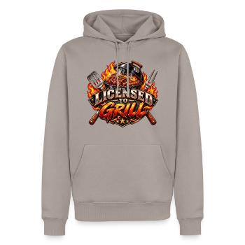 Lizenz zum Grillen – Vintage BBQ Master - Männer Premium Bio Hoodie - Taupe - Vorne - Nico (187cm)