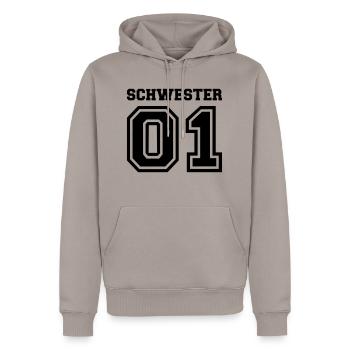 Schwester - Männer Premium Bio Hoodie - Taupe - Vorne - Nico (187cm)