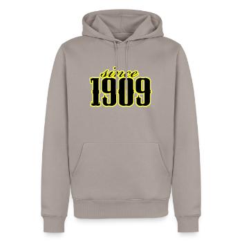 depuis 1909 (noir) - Sweat à capuche Premium bio Homme - taupe - Devant - Nico (187cm)