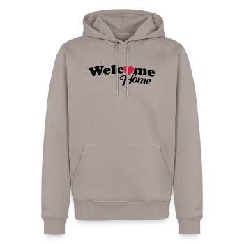 welcome_home_f2 - Männer Premium Bio Hoodie - Taupe - Vorne - Nico (187cm)