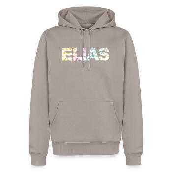 Elias - Beau nom de garçon avec des dinosaures cool - Sweat à capuche Premium bio Homme - taupe - Devant - Nico (187cm)