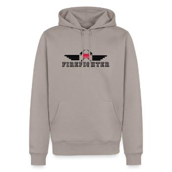 FIrefighter Logo mit Helm und Axt mit Wings - Männer Premium Bio Hoodie - Taupe - Vorne - Nico (187cm)