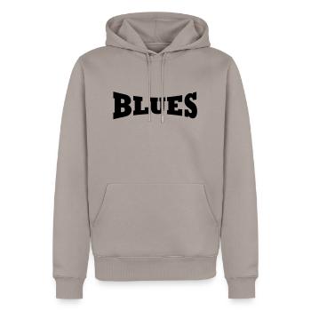 Blues Schriftzug - Männer Premium Bio Hoodie - Taupe - Vorne - Nico (187cm)