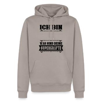 Ich bin (dein Text) was sind deine Superkräfte - Männer Premium Bio Hoodie - Taupe - Vorne - Nico (187cm)