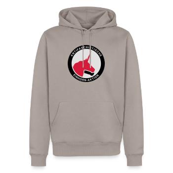 Antifaschistische Einhorn-Aktion - Männer Premium Bio Hoodie - Taupe - Vorne - Nico (187cm)