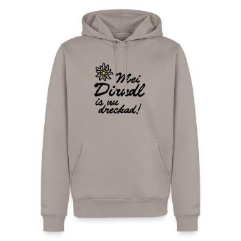"Mei dirndl est nu dreckad!" | - Sweat à capuche Premium bio Homme - taupe - Devant - Nico (187cm)