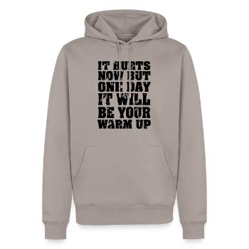 It Hurts Now... - Men’s Premium Organic Hoodie - taupe - Front - Nico (187cm)