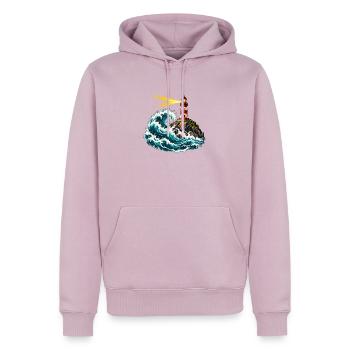 Leuchtturm über einer schwingenden Welle - Männer Premium Bio Hoodie - Altrosa - Vorne - Nico (187cm)