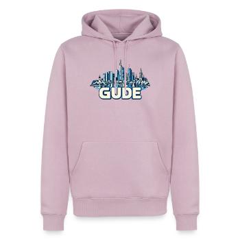 Blauer Frankfurter Skyline Stadtgrafik GUDE - Männer Premium Bio Hoodie - Altrosa - Vorne - Nico (187cm)