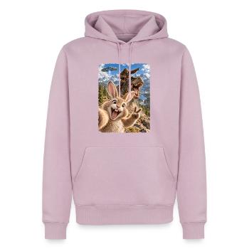 Osterhase Selfie mit Bigfoot, T-Rex, UFO - Männer Premium Bio Hoodie - Altrosa - Vorne - Nico (187cm)