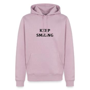 Gardez le sourire, le sourire change votre humeur ; - Sweat à capuche Premium bio Homme - rose poudré - Devant - Nico (187cm)