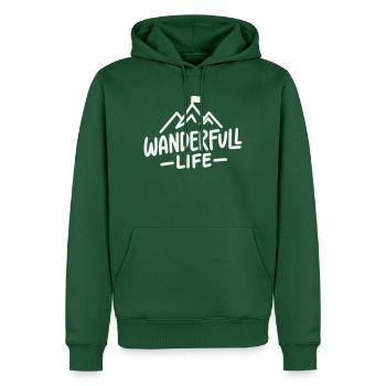 Wanderfull Life - Wortspiel Wandern mit Bergen - Männer Premium Bio Hoodie - Flaschengrün - Vorne - Nico (187cm)