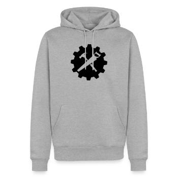 Travail d’équipe charpentier marteau et scie logo engrenage - Sweat à capuche Premium bio Homme - gris chiné - Devant - Thijin (182cm)