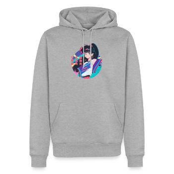 Anime Girl mit 80er Windbreaker, Anime Aesthetics - Männer Premium Bio Hoodie - Grau meliert - Vorne - Thijin (182cm)
