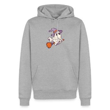 Geist auf Besen mit Hexenhut - Männer Premium Bio Hoodie - Grau meliert - Vorne - Thijin (182cm)