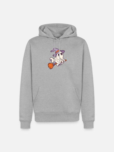 Geist auf Besen mit Hexenhut - Männer Premium Bio Hoodie - Grau meliert