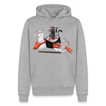 Chats kawaïens mangeant des sushis - Anime japonais mignon - Sweat à capuche Premium bio Homme - gris chiné - Devant - Thijin (182cm)