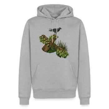 Krähe auf Holzkreuz, efeu - Männer Premium Bio Hoodie - Grau meliert - Vorne - Thijin (182cm)