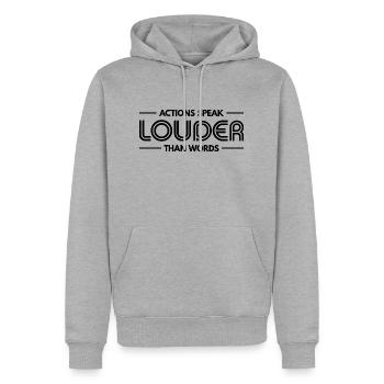 Taten sagen mehr als Worte - Motivationsgeschenk - Männer Premium Bio Hoodie - Grau meliert - Vorne - Thijin (182cm)