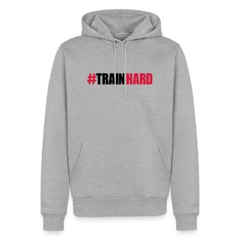 cool design text hantel train hard trainieren hand - Männer Premium Bio Hoodie - Grau meliert - Vorne - Thijin (182cm)