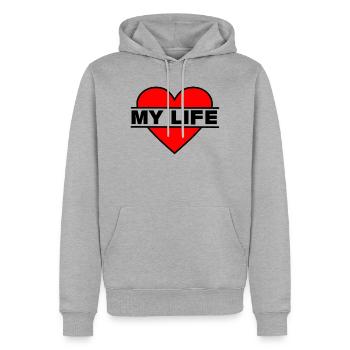 Coeur J’aime ma vie - Sweat à capuche Premium bio Homme - gris chiné - Devant - Thijin (182cm)