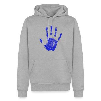 Empreinte de main peinte identité doigts et paume bleu - Sweat à capuche Premium bio Homme - gris chiné - Devant - Thijin (182cm)
