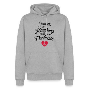 You pay in advance (c) boys, in Hamburg, Germany - Men’s Premium Organic Hoodie - heather grey - Front - Thijin (182cm)