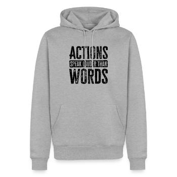 Taten sagen mehr als Worte - Motivationsgeschenk - Männer Premium Bio Hoodie - Grau meliert - Vorne - Thijin (182cm)