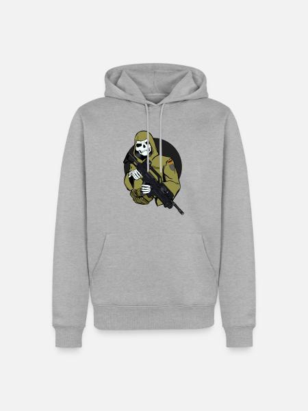Skelett im Tarnmantel mit Gewehr - Männer Premium Bio Hoodie - Grau meliert