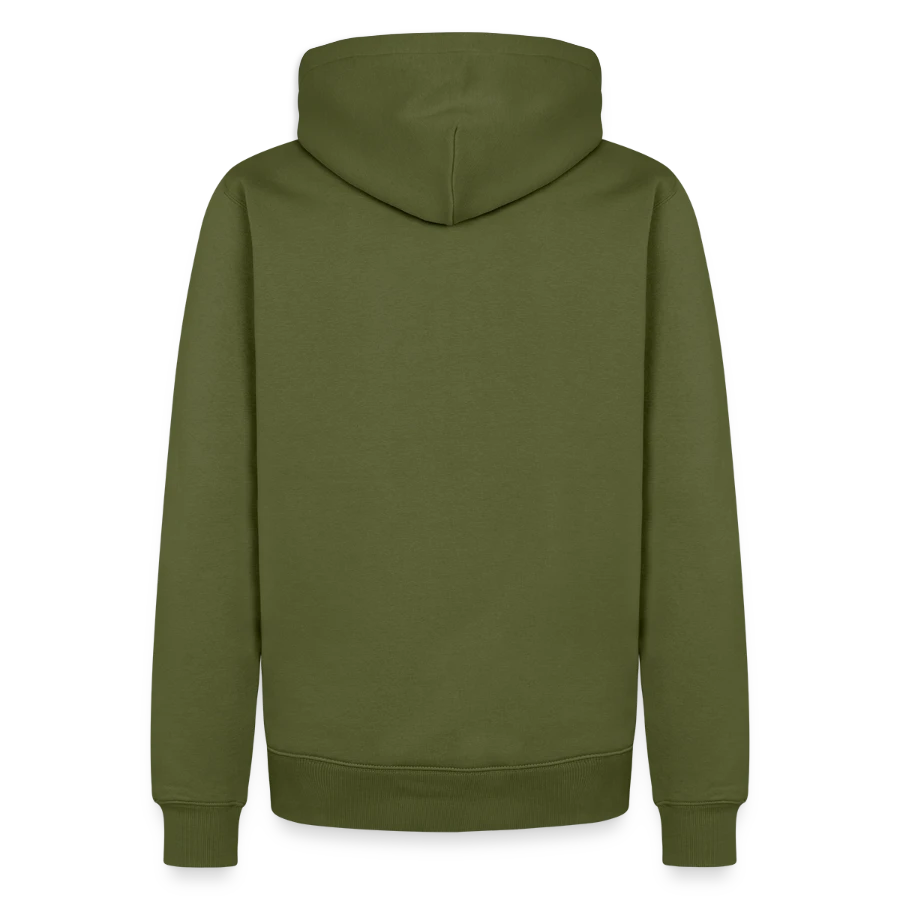 Kraken Island badge on a men’s premium organic hoodie, khaki, back