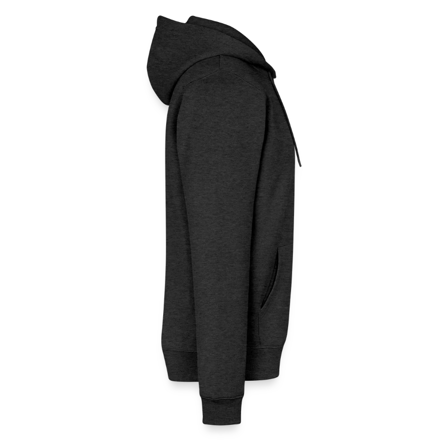 Kraken Island badge on a men’s premium organic hoodie, heather anthracite, right
