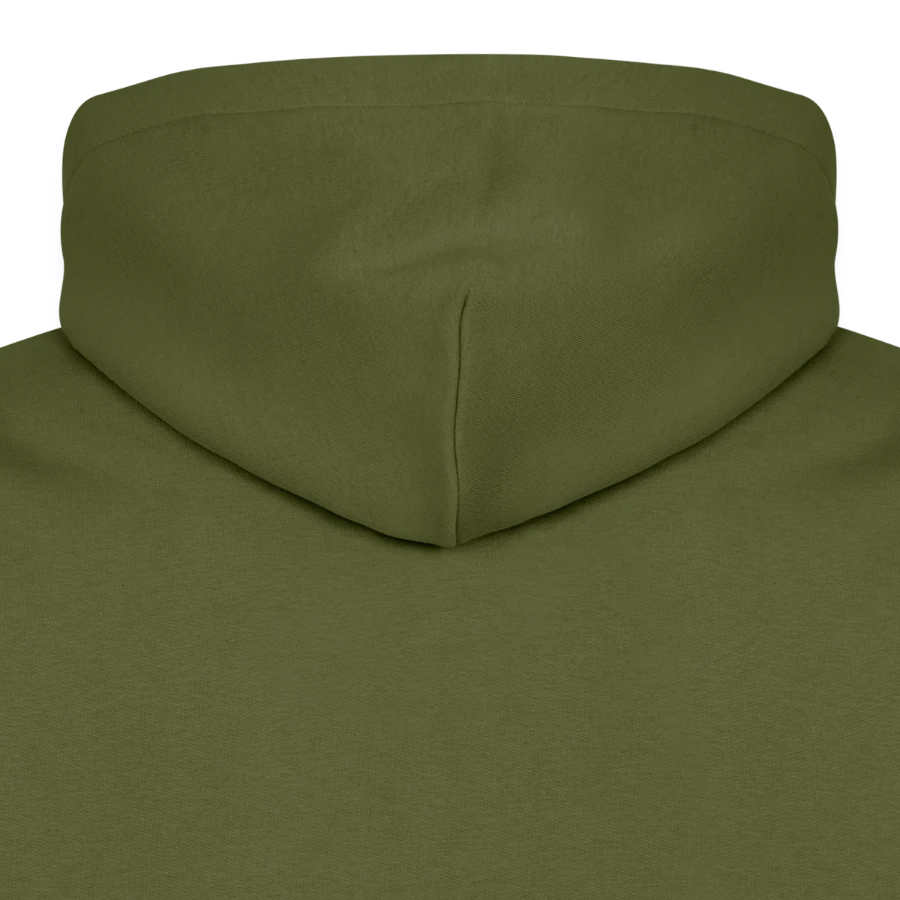 Kraken Island badge on a men’s premium organic hoodie, khaki, hood front