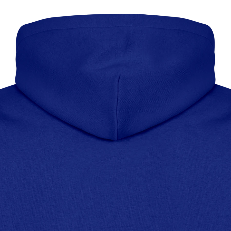 Kraken Island badge on a men’s premium organic hoodie, royal blue, hood front